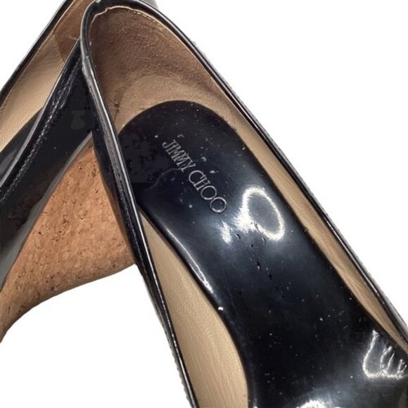 Jimmy Choo Black Patent Cork Wedge Peep Toe Heels Shoes 38.5 EU / US 8.5 - Picture 3 of 8
